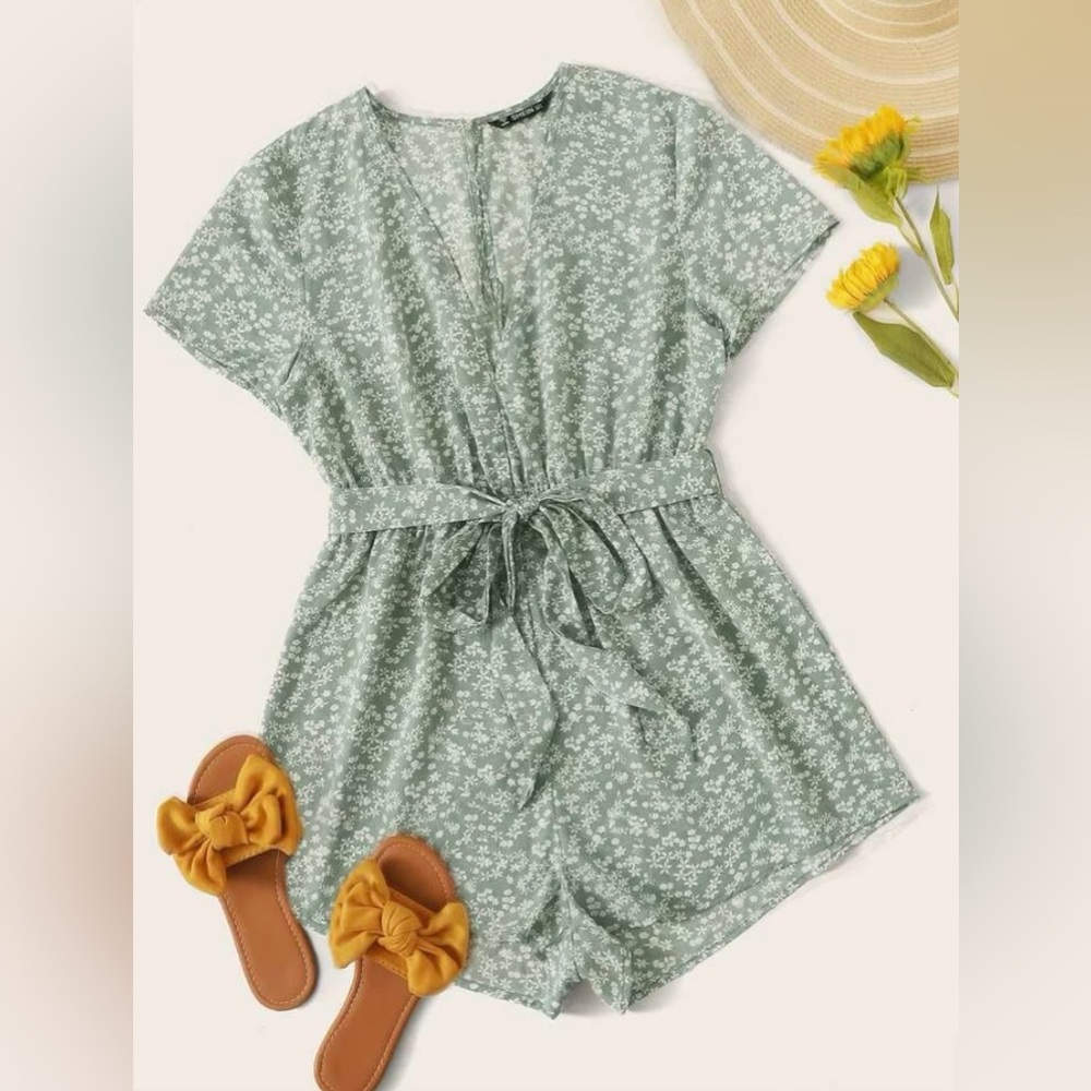 Plunging Ditsy Floral Belted Romper